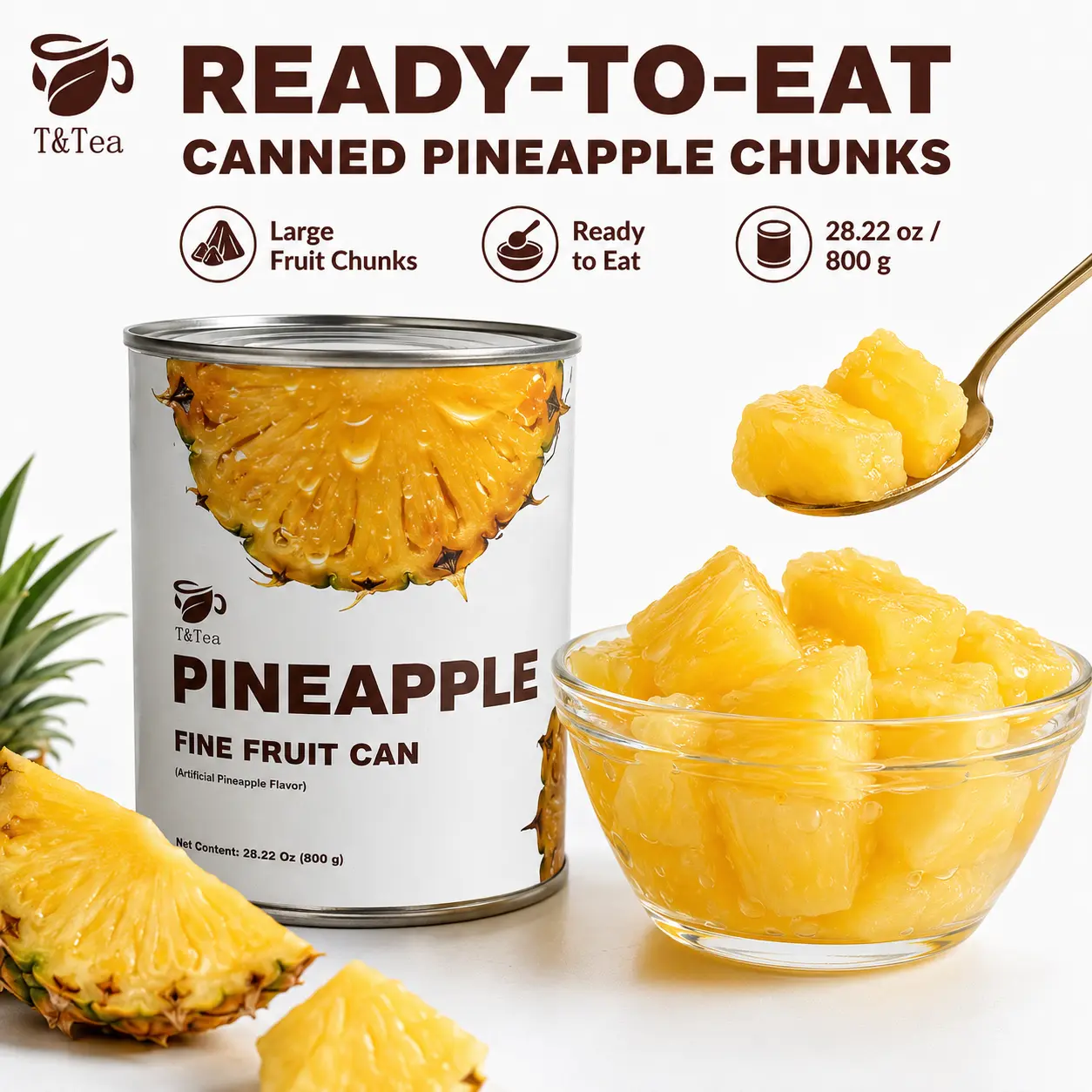 T&Tea Ready-To-Eat Pineapple Chunks, 28.22 oz (800g) – Large Pineapple Chunks for Boba Tea, Fruit Tea, Yogurt, Shaved Ice, Desserts & Drinks