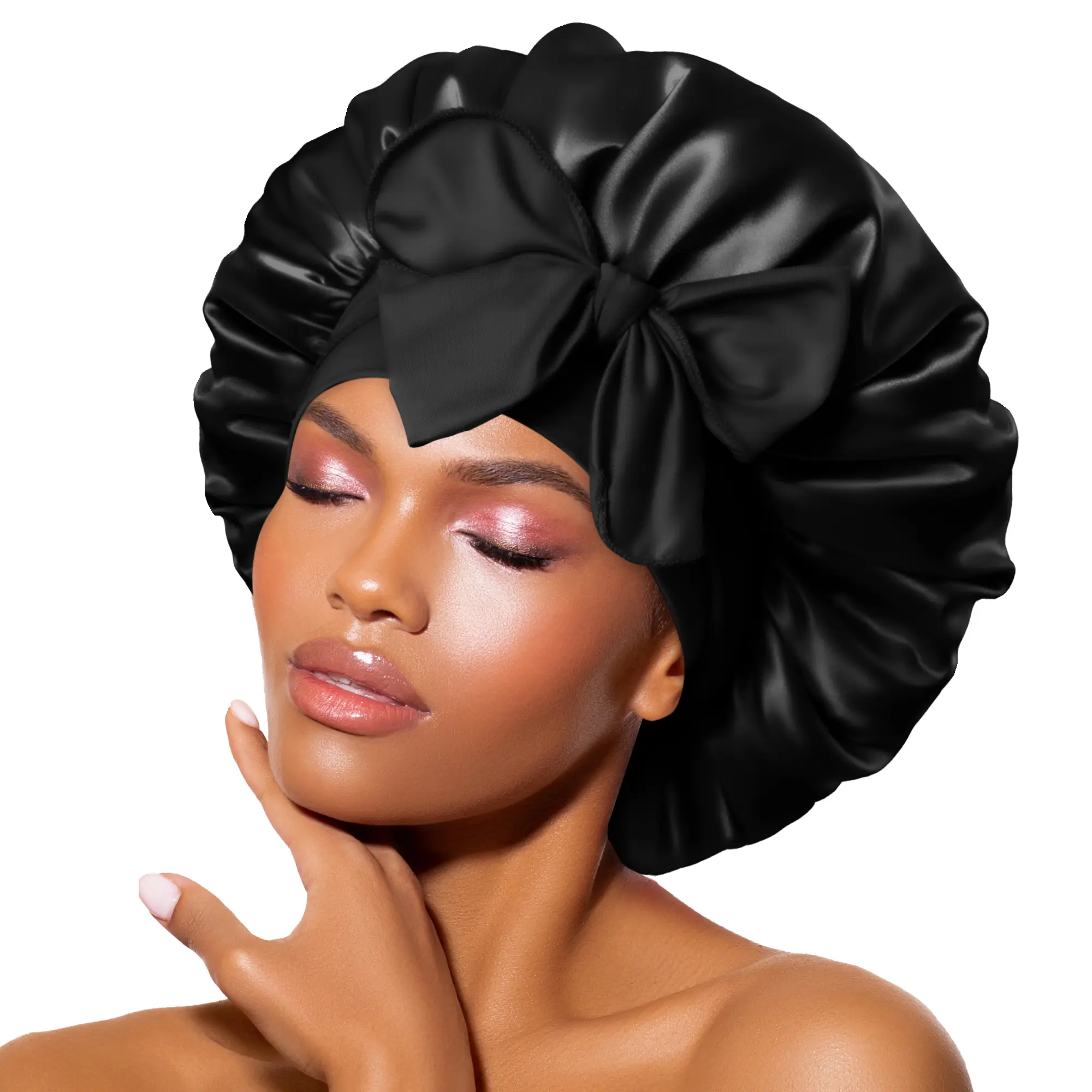 BONNET QUEEN Single-Layer Satin Bonnet Style Hat - Adjustable Bow Style Elastic Tie Band, Silky Smooth Material, Heatless Frizz Control, Machine Washable Sleep Haircare Nightcap for Curly Hair (Bn001-Black-M), Satin Bonnet Headpieces