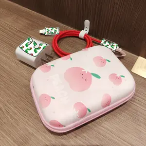 🐛🐊🚀Charger Protector Set White Green Red Caterpillar & Crocodile & Black Rocket Cartoon Anti-Fray Cable Protection with Pink Peach Storage Bag for iPhone 17 16 15 14 13 12 11 Pro Max