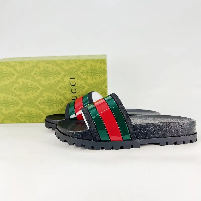 Glossy Red Green Strip Black Platform Slides Wear Resistant Rubber Lug Sole Beach Casual Fashion Slippers For Men Women