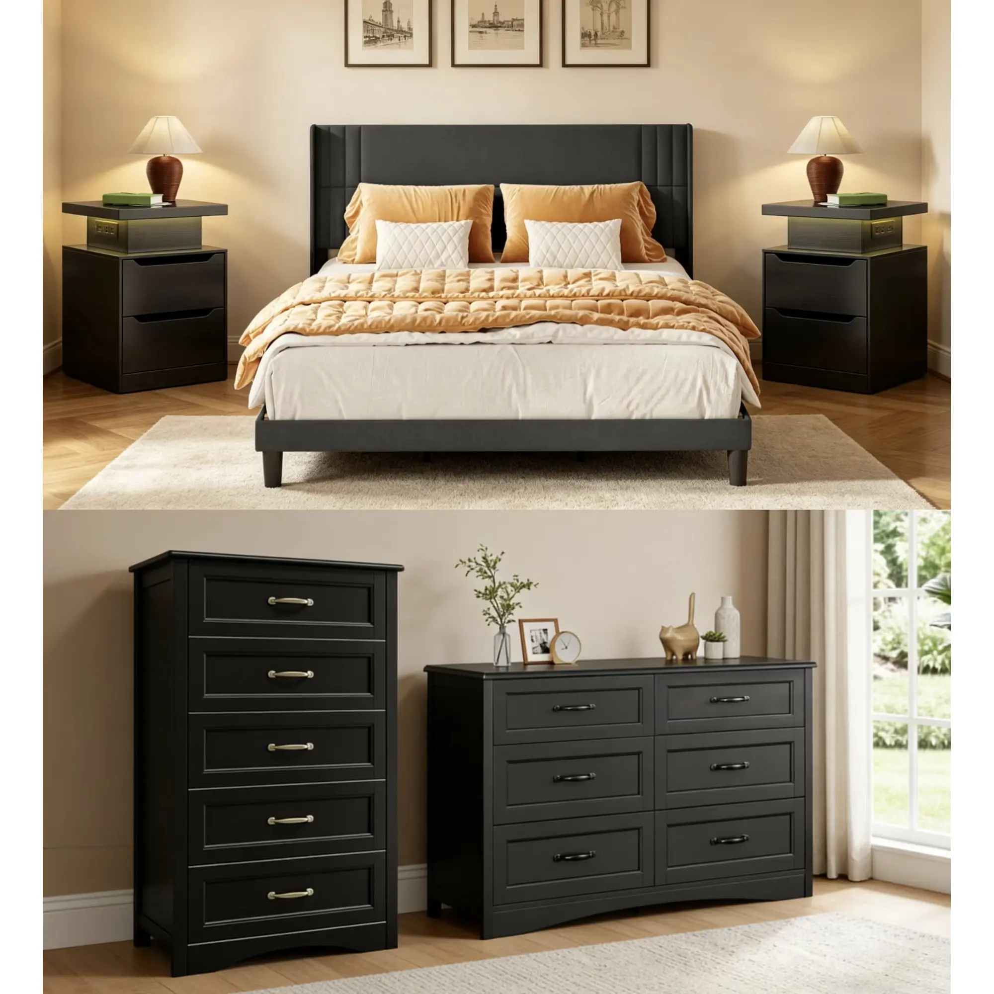 Gizoon 5 Pieces Kingsize Bedroom Furniture Set,Includes Kingsize Bed Frame,6-Drawers Dressers,6-Drawers Dressers,Nightstand Sets with Mental Handles for Bedroom,Black