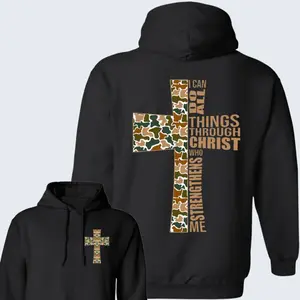 I Can Do All Things Through Christ Who Strengthens Me Camo Hoodie, Vintage Retro Camo Cross Sweatshirt, Gift for Him, Casual Wear Top Shirt