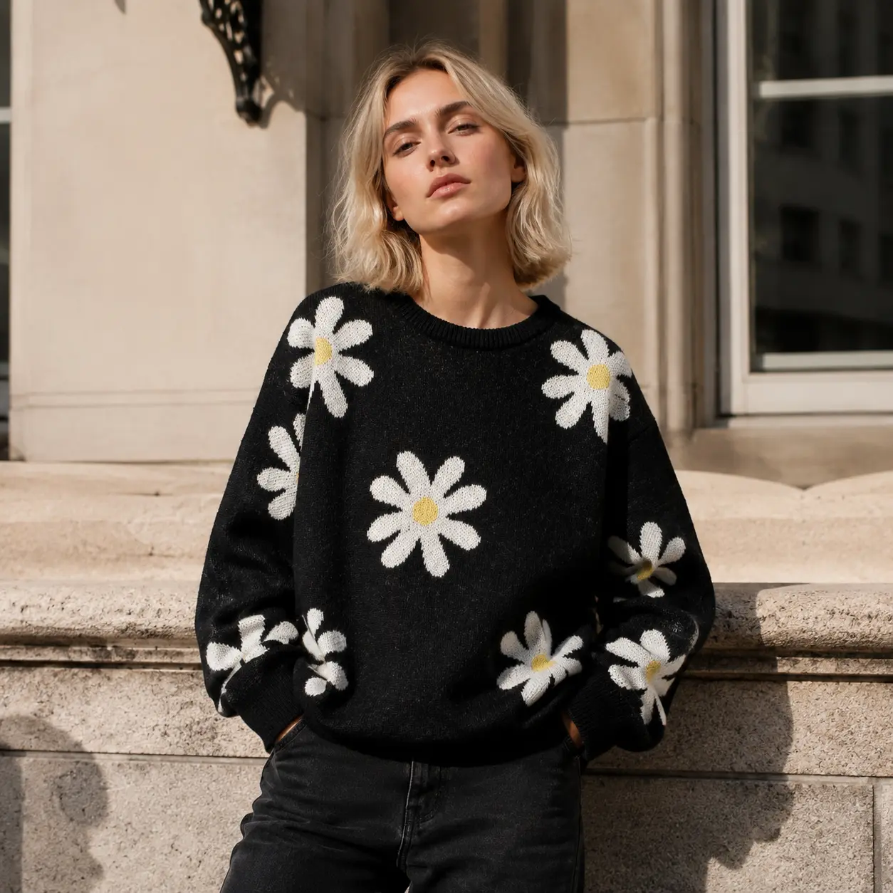 Women's Vintage Daisy Floral Knitting Pullover Jumper - Soft Long-Sleeve Crew Neck Slim-Fit Warm Piece for Fall-Winter Daily Outfits, Thanksgiving, Easter, Pair with Jeans, Casual Chic, Soft Cozy Women's Pullovers, Floral Knit Women's Pullovers