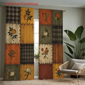 Vintage Plaid Patchwork Floral Print Curtains, Fashionable Rod Pocket Window Drapes for Bedroom and Living Room, Easy Installation