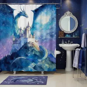 Cartoon Castle Shower Curtain Dragon Pattern Bathroom Shower Curtain Set Adult Fairy Tale Theme Bath Curtain Watercolor Tie-dye Waterproof Curtains Room Decor