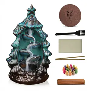 CasaFoyer Christmas Tree Ceramic Backflow Incense Holder Waterfall Burner Set with 120 Cones 30 Sticks & Premium Accessories for Aromatherapy Home Decor Fragrance Gift