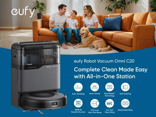 eufy C20 Omni Robot Vacuum, Robot Vacuum and Mop Combo, Self Emptying, Auto Mop Washing and Auto Drying for hands-free cleaning, 3.35-Inch Ultra-Slim Body, 7000 Pa Powerful Suction, All-in-One Station, Cleaner Machine Cleaner Cordless eufy C20 Omni Robot Vacuum, Robot Vacuum and Mop Combo, Self Emptying, Auto Mop Washing and Auto Drying for hands-free cleaning, 3.35-Inch Ultra-Slim Body, 7000 Pa Powerful Suction, All-in-One Station, Cleaner Machine Cleaner Cordless
