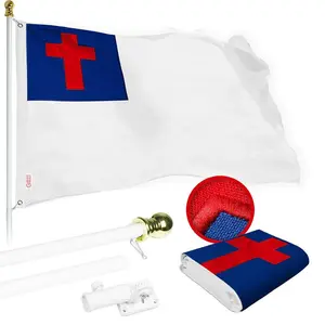 G128 Combo Pack: 6 Ft Tangle Free Spinning Flagpole (White) & Christian Flag 3x5 Ft Embroidered 220GSM Spun Polyester, Brass Grommets (Flag Included) Aluminum Flag Pole