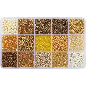 15 Color Glass Seed Tube Bugle Beads Loose Kit for Jewelry Making DIY Craft Beading Gold