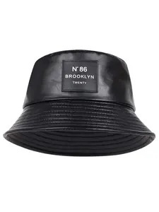 Minimalist Letter Patch Decor PU Leather Bucket Hat, Outdoor Sun Protection Fisherman Hat, Summer Beach Hat For Men & Women