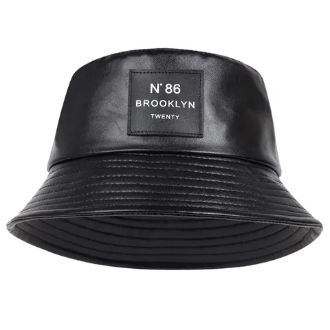 Minimalist Letter Patch Decor PU Leather Bucket Hat, Outdoor Sun Protection Fisherman Hat, Summer Beach Hat For Men & Women