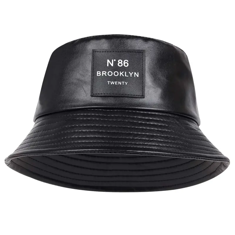 Minimalist Letter Patch Decor PU Leather Bucket Hat, Outdoor Sun Protection Fisherman Hat, Summer Beach Hat For Men & Women