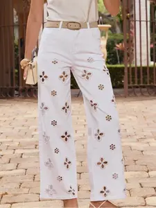 Sweet Cool Punk Style Womenswear Beaded Hollow Out Pearl Decoration Washed High Waist Straight Leg Slimming Trendy Pants