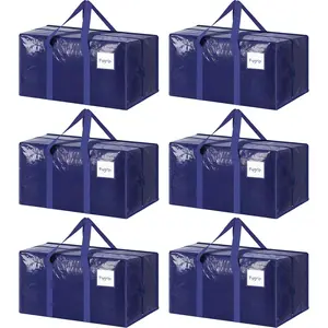 6 Pack Extra Heavy Duty Large Moving Bags with Strong Zipper & Comfortable Handles, Sturdy & Durable Clothes Storage Bags Totes Bins, Blue Packing Bags Moving Boxes College Moving Supplies, Dark Blue FYGRIP