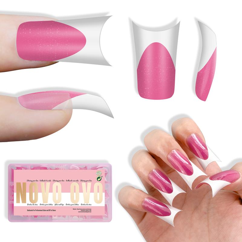 NOVO OVO Duck Nail White French Tips Press On ROSE PINK with Glitter, Full Cover Acrylic with Moon Curve, Medium Thick Pre-Etched Flare Wide Soft Gel False Nail Extension x 15 Sizes 150 pcs【NO GLUE ,TOP COATAND LAMP INCLUDED】