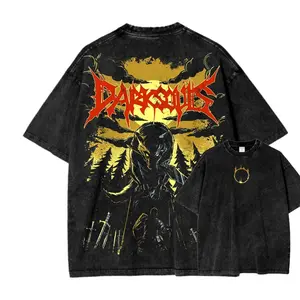 Retro Washed Black Oversized T-Shirt, Gothic "Dark Souls" Text & Shadow Wolf Knight Graphic Print, Casual Short Sleeve, Unisex Streetwear for Men & Women, Loose Fit for Outdoor & Daily Wear