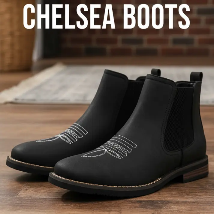 CYUW Men’s Western Cowboy Boots – Square Toe Chelsea Boots, Ankle Boots, Work Boots; Casual Retro Style, Classic, Comfortable, Versatile; Khaki and Black Options; Outdoor Casual Closed-Toe Thick-Sole Men’s Boots Western Leather Boot Brown