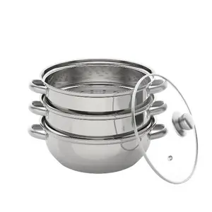 3 Tier Steamer Hot Pot Stainless Steel Cooker Steam Pot Food Cooking + Glass Lid