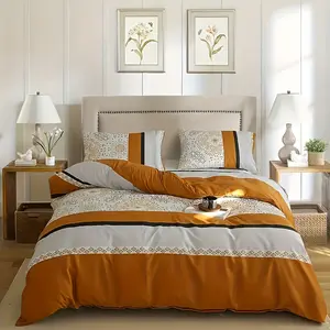 3Pcs orange gray lines, multi-color printing, duvet set.