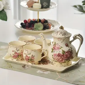 10 Piece Ceramic Tea Set, European Style Vintage Luxury Rose Pattern, Teapot with Spoon, Water Cup, Suitable for Afternoon Tea, Restaurant, Living Room