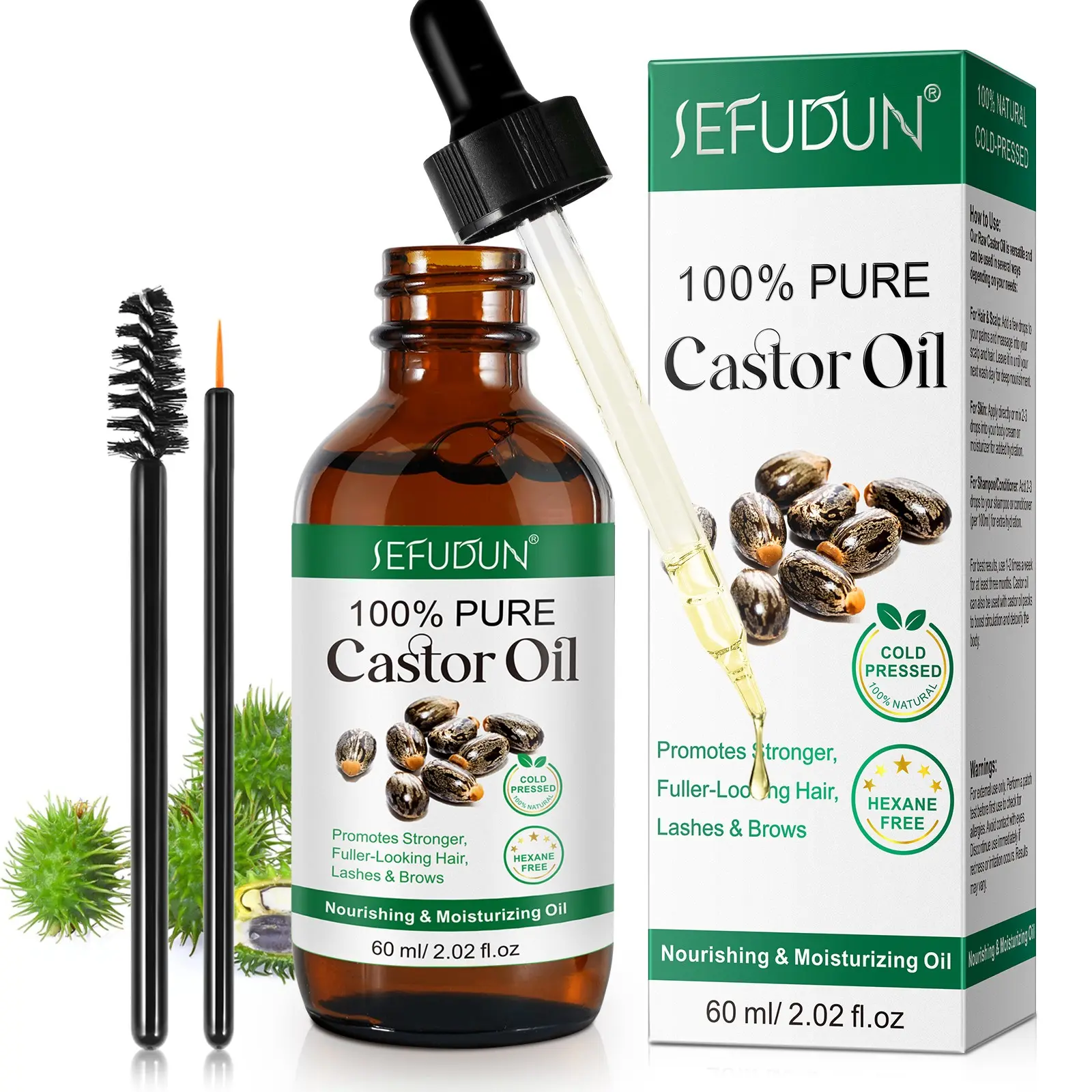 SEFUDUN 60ml Castor Oil, cold-pressed castor oil, body care oil With Castor Oil, for skin care, hair care, massage, and other uses—multi-purpose