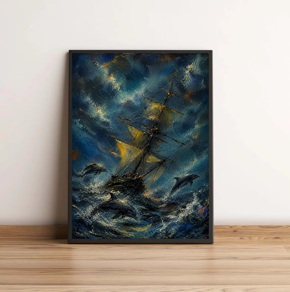 Majestic Sailing Ship & Dolphins Oil Painting Poster – Moody Nautical Wall Art