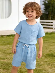 Summer New Casual Set, Boys Pure Color Wrinkled Short Sleeve Shorts Two-Piece, Simple Round Neck with Side Pocket