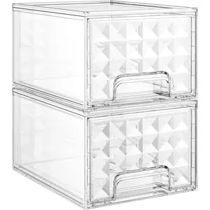 2 Pack Stackable Storage Drawers, Makeup Skincare Holder  Storage Organizer, Plastic Drawers For  Desk, Undersink, Kitchen Cabinet, Pantry, Clear, Ideal Gifts for Women