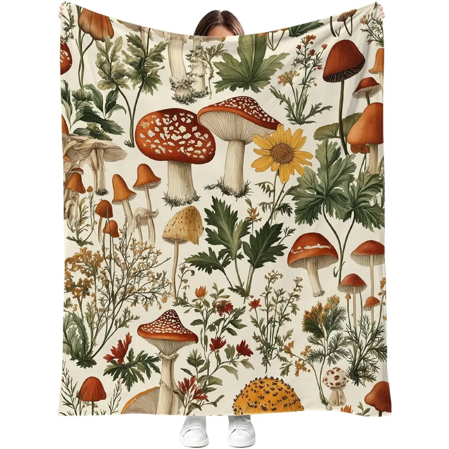 Vintage Mushroom Throw Blanket Botanical Plant and Floral Fungi Print Soft Cozy Flannel Blanket for Couch Bed Sofa Chair Decorative Boho Cottagecore Blanket