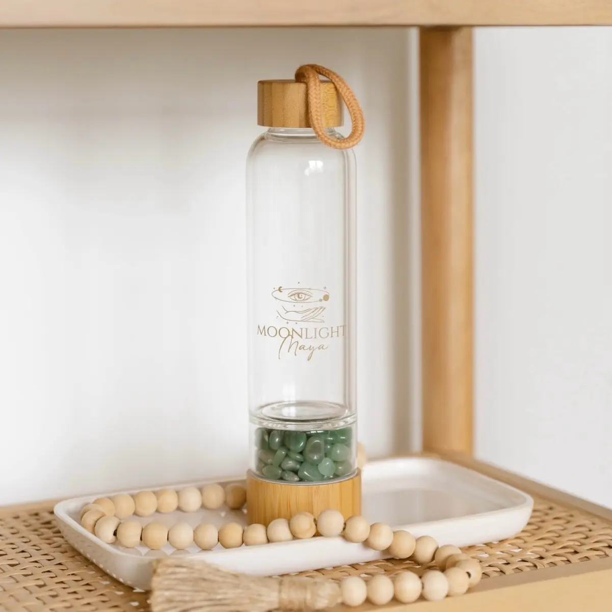 (Bamboo glass water bottle- Green Aventurine)