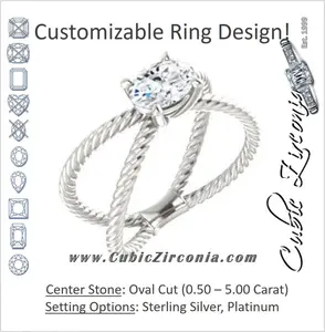 Cubic Zirconia Engagement Ring- The Zaylee (Customizable Oval Cut Solitaire with Wide Rope-Braiding "X" Split Band)