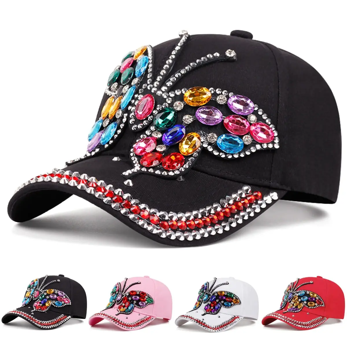 Women's Rhinestone Butterfly Casual Hat - Sparkly Glitter Embroidered Headwear, Multi-Color Fashion Crystal Logo Cap, Accessories for Women