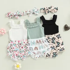 3Piece Baby Girls Shorts Set, Sleeveless Romper + Flower/Rainbow/Butterfly Print Shorts + Hairband