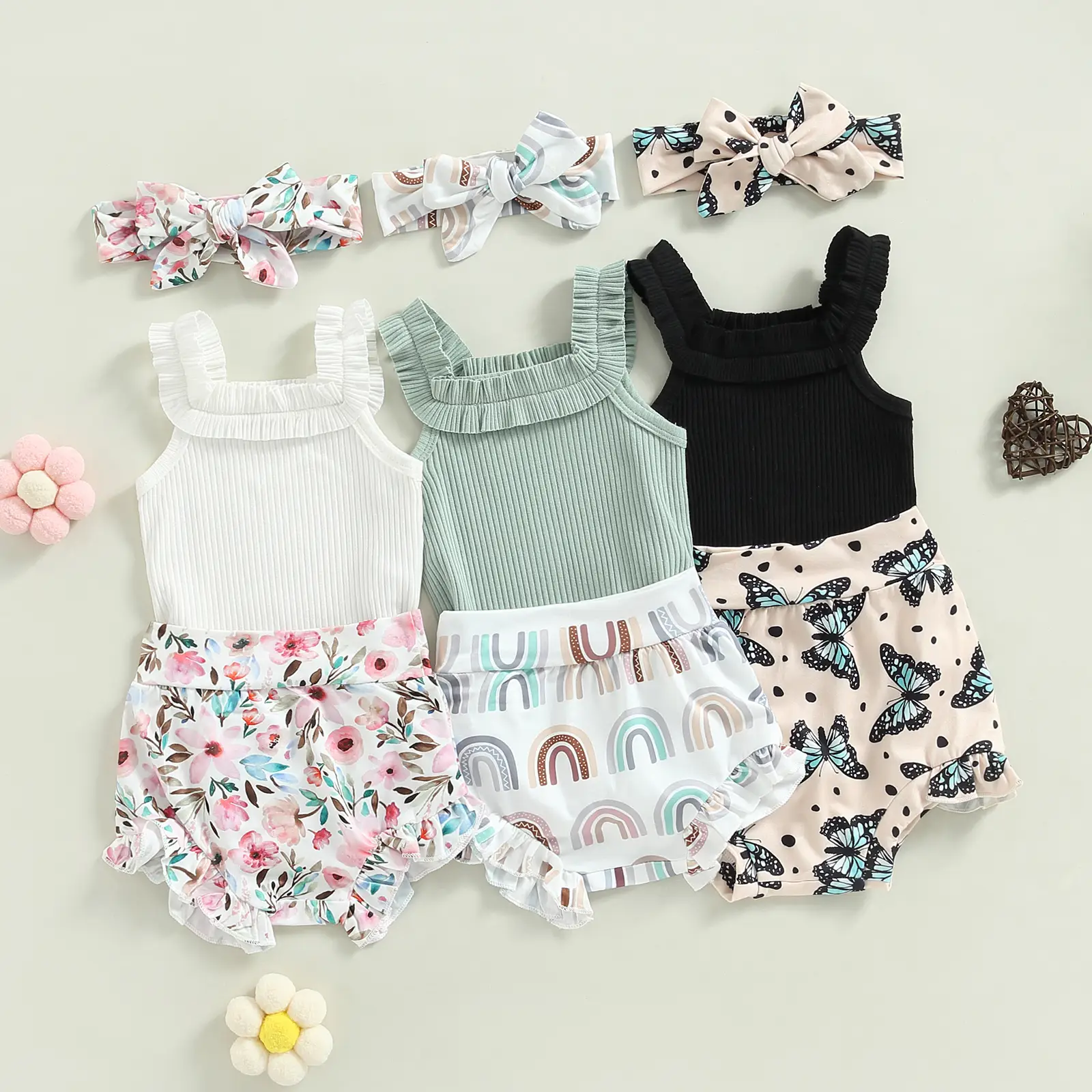 3Piece Baby Girls Shorts Set, Sleeveless Romper + Flower/Rainbow/Butterfly Print Shorts + Hairband
