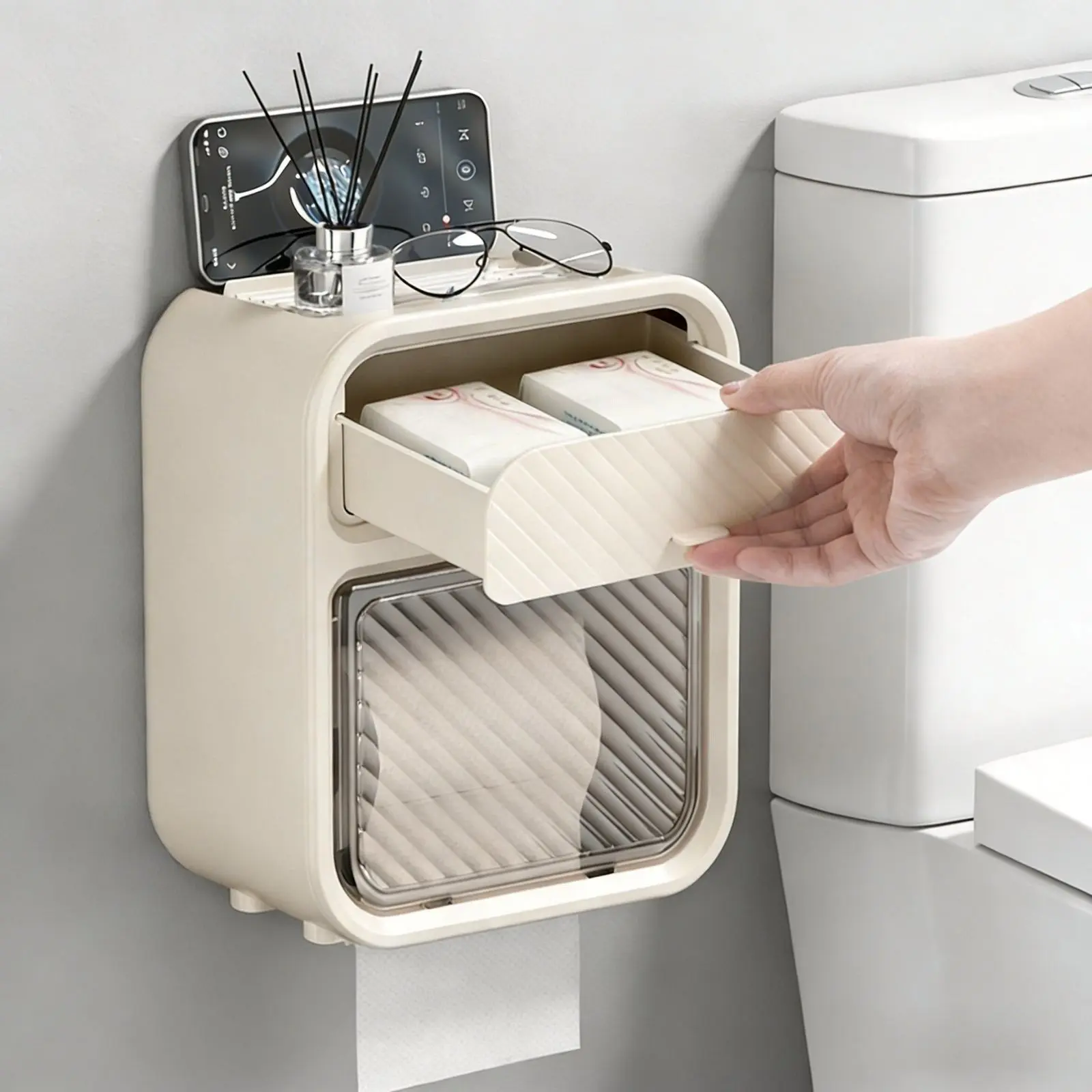 1pc Bathroom Storage Rack, No Drilling Requires, Space-Efficient, Tissue Box Dispenser with Storage Drawer, Hanging Roll Paper Rack, Kitchen Paper Towel Holder, Bathroom Organizer, Restroom Bathroom Accessories