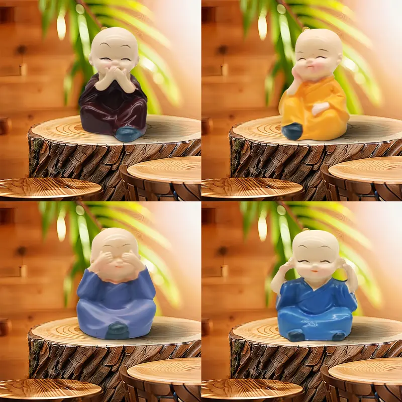 Brazilian 4PCS Mini Monk Sculpture Ornament - Mixed Color Wood, Represents Good Luck, Love, Monk Doll Decor for Indoor Office Desktop Plant Wooden