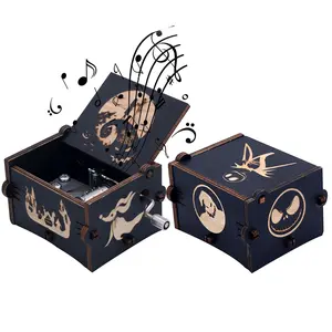 Wooden Engraved Nightmare Hand-cranked Music Box Play Melody This is Halloween Gift for Halloween Christmas Birthday Anniversary Home Decor, Christmas Gift for Kids