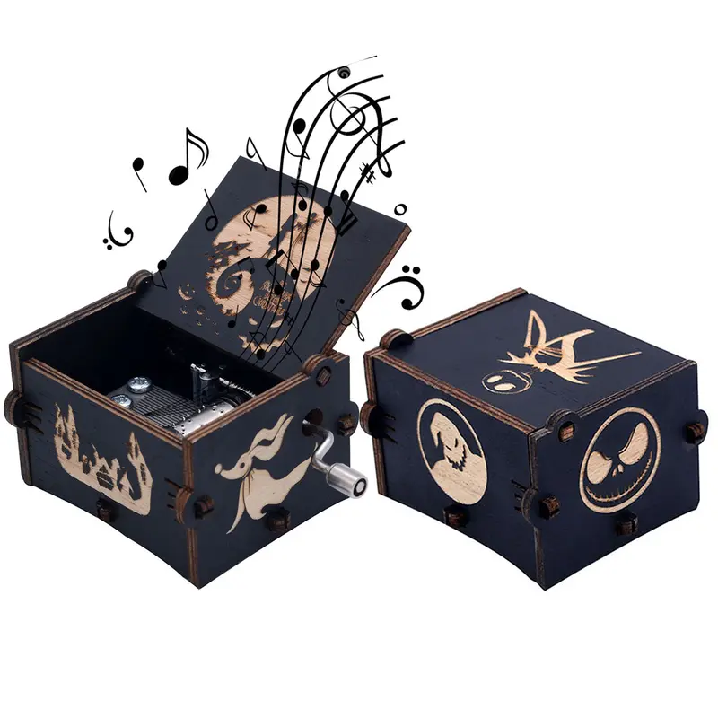Wooden Engraved Nightmare Hand-cranked Music Box Play Melody This is Halloween Gift for Halloween Christmas Birthday Anniversary Home Decor, Christmas Gift for Kids