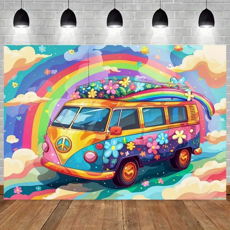 Groovy Hippie Bus Retro Daisy Flower Printed Backdrop - Vibrant Home & Festive Party Supplies for Happy Birthday Decorating, Wall Banner Ornament to Spark Creativity, Wall Decor