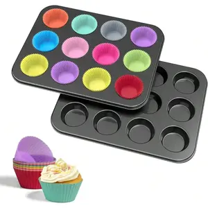 Reusable Muffin Baking Pan, 26pcs/set Including 1 Count 12-cup Muffin Pan & 12pcs Cupcake Liner, Baking Mold for Kitchen Cupcake, Egg Tart, Bread