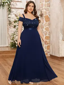MISSMAY P85174A Plus Sequin Floral Lace Cold Shoulder Contrast Chiffon Formal Party Long Dress, Prom Evening Wedding Guest Dress, Graduation Dress, For Homecoming