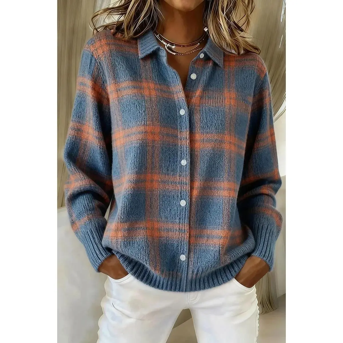 2026 women's new casual loose autumn and winter checkered long sleeved lapel shirt sweater cardigan