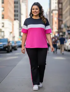 Ladies Plus Size Casual Color Block Two-Piece Set, Long Sleeve Round Neck Top and Straight Leg Pants, Elastic Polyester Blended, Machine Washable