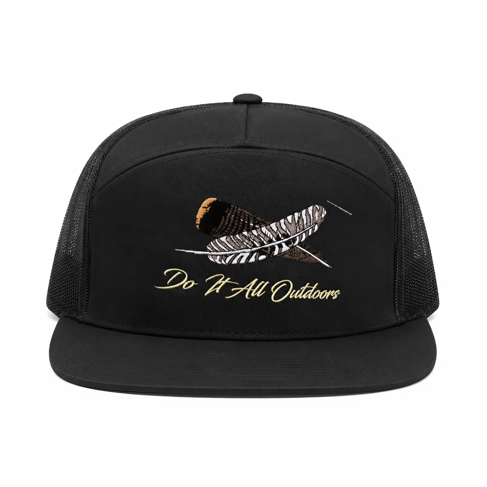 Do It All Outdoors Flat Bill Trucker Hat, Black Mesh Snapback Cap with Feather Logo, Vintage Outdoor Hunting Hat for Men, Lightweight Everyday Wear 2026