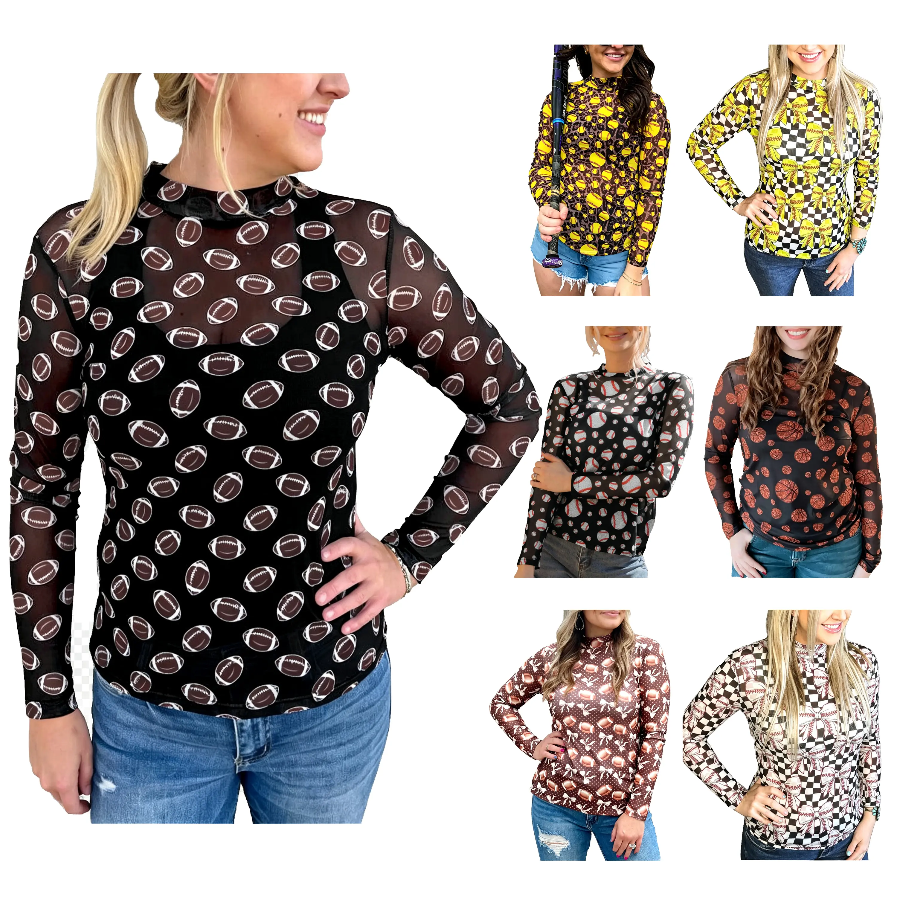 Znacicc Women's Casual Shirt Game Day Football/Baseball/Softball Rugby Mesh Sheer Long Sleeve Top for Winteroutfit Comfortable Design Sporty Style Fitted Blouses