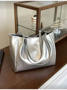 Large Capacity Casual Patchwork Tote Bag with Bowknot and Metal Decoration Adjustable Strap Women's Commuter Versatile Handbag Shiny Stylish Bag