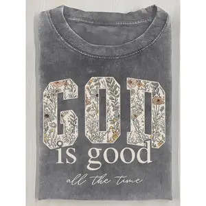 Washed, Printed T-shirts with GOD Flowers, Vintage Fashion Brand T-shirts with High Quality Batik, Ladies' T-shirts, Ladies' Autumn T-shirts, Halloween Christmas Gifts and Holiday Gifts.