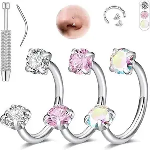 6pcs Crystal Nose Ring Hoop Set，Value Pack 316L medical-grade titanium steel Horseshoe Nose Hoop Internally Threaded Gems Nose Ring with Free Ball Holder & Guiding Needle