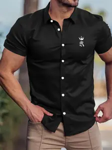 Men's Crown Print Short Sleeve Collared Dress Shirt, Regular Fit Casual Button Up Top for Summer, Fashion Men's Clothes for Daily Wear, Tropical, Art Print Shirt