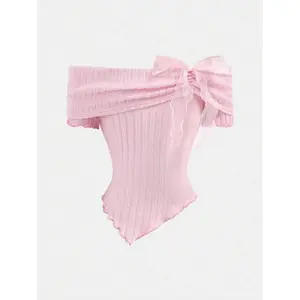 Tween Girl Off-Shoulder Bowknot Long Sleeve T-Shirt Top, Back-To-School Outfit,Cute Tops School,Pink Top,Fall Tops,Preppy Tops/Valentine's Day Tween Girl/ Valentine's Day/ Summer/Summer Outfits